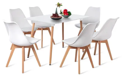 Productafbeelding van Eettafelsset met 6 stoelen, rechthoekig, 110 cm, wit, MDF, beukenfineer, PP, kunstleer