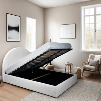 Produktbild von BETTKASTEN MIT LATTENROST SHERPA / BETT 160x200 - Weiß Bouclé Stoff