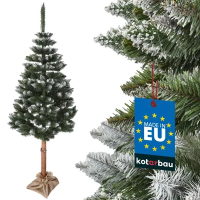 A close-up and full shot of a flocked artificial Christmas tree with a "Made in EU" tag.