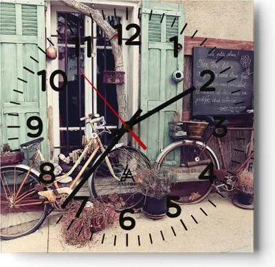 Produktbild von Wanduhr - Quadrat - Glasuhr - Fahrräder Vintage Mietshaus - 30x30cm - Schleichendes Uhrwerk - Lautlos - zum Aufhängen bereit - Dekoration Modern - Wanddekoration aus Glas - C4AC30x30-4588