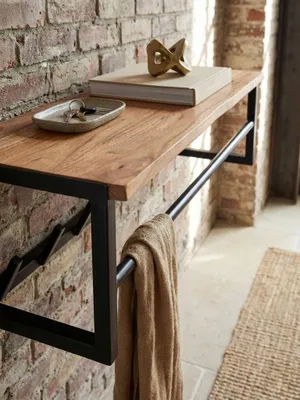 Produktbild von Design Wandgarderobe Akazie Massivholz / Metall 80x22x33 cm, Hakenleiste mit Ablage und Kleiderstange, Flurgarderobe Garderobe Wand Holz