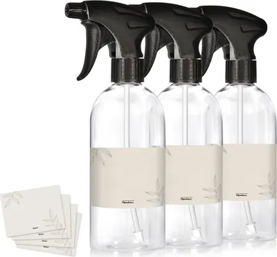 Produktbild von Oputec 3 x 500ml Sprühflaschen aus Kunststoff Transparent zum Befüllen + Etiketten - Leere Wassersprühflasche für Pflanzen, Blumen, Reinigungsmittel