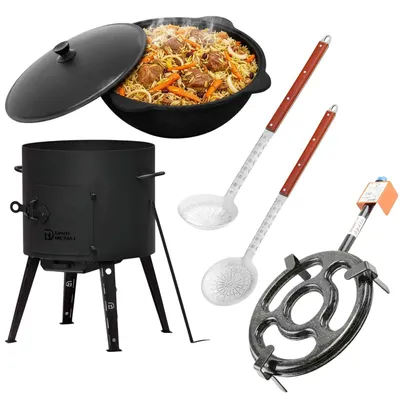 Produktbild von Outdoor Kochset mit Feuerstelle Ø44 cm 2 mm Stahl Gusseisen Kasan 16L aus Namangan mit Aluminiumdeckel Gasbrenner Dutch Oven Set Schaumkelle Suppenkelle