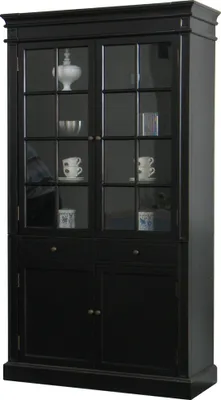 A black cabinet with glass doors.