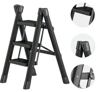 Immagine prodotto di Scala pieghevole per uso domestico - Scala a pioli e sgabello a 3 gradini - Autoportante - Struttura in metallo - Gradini antiscivolo - Nero