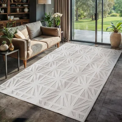 Produktbild von In & Outdoor Teppich Wetterfest 3D Optik Design, Waschbar, Wetterbeständiges, Wohnzimmer, Terrasse Verschiedene, Größe: 140 x 200 cm, Farbe: Creme