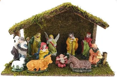 Productafbeelding van Kerststal 11-delig met figuren en stal - Traditioneel en rustiek