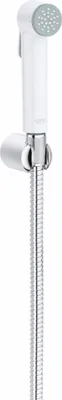 A close-up view of a white and silver hand shower set with a flexible hose, against a white background.