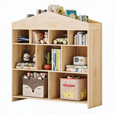 Image de Étagère de rangement pour livres pour enfants, forme de maison, avec 9 compartiments, de couleur jaune