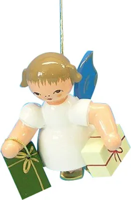 Produktbild von Christbaumschmuck Engel mit 2 Geschenken - Blaue Flügel - schwebend (6cm) von Kunstgewerbe Uhlig
