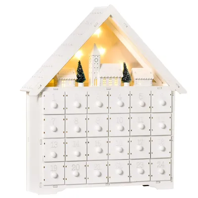 Produktbild von Adventskalender aus Holz mit 24 Schubladen und LED-Beleuchtung, Weihnachtsdekoration, Hausdesign, 39 x 9 x 42 cm, Wei?