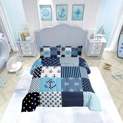 Productafbeelding van Omgoods - Nautisch Dekbedovertrekset met Anker en Kompas - Patchwork Bedsprei voor Kinderen (2-delig)