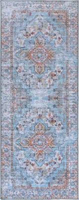 Produktbild von Teppich Wohnzimmer Schlafzimmer - 80x200 cm - Kurzflor - Waschbar - Anti-Rutsch Rückseite - Blaue Läufer