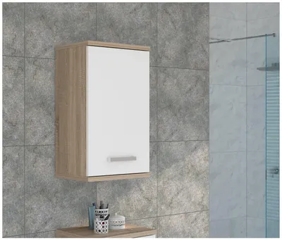 Badezimmer Hängeschrank VERIS mit weißer Glanzfront und Sonoma-Eiche-Rahmen an Wand montiert.