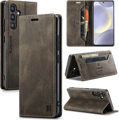 Produktbild von Hülle für Samsung Galaxy S24 FE, Retro Kunstleder Tasche Kartenfächern und Ständer Schutzhülle Kaffee