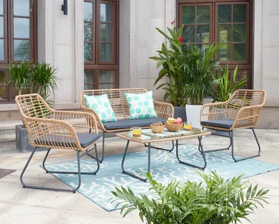 Produktbild von Möbilia Garten Sitzgruppe 7-tlg aus Polyrattan | 2 Stühle inkl. Sitzkissen | 1 Bank inkl. Auflage | Couchtisch B 95 x T 55 x H 42 cm | natur-grau | 10020004 | Serie GARTEN