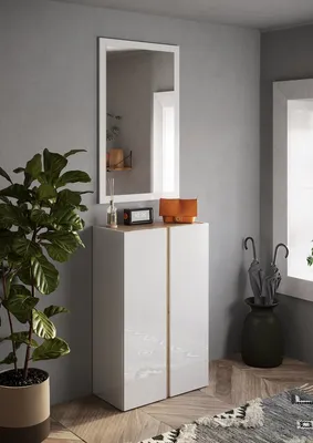 Produktbild von Schuhschrank >Farina< 2 Türen, Weiss Hochglanz Lack / Eiche Cadiz Nachbildung - 70x111x35cm B/H/T