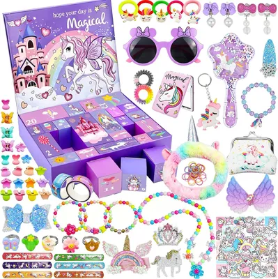 Imagen del producto de Calendario de adviento para niñas: regalos de unicornios. Cuenta atrás con 24 días de sorpresas. Accesorios para el cabello: horquillas