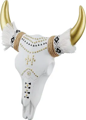 Produktbild von Tolle modern umgesetzte Wandskulptur  „ WHITE BUFFALO HORN “ , Büffelschädel aus stabilem Kunststein, kunstvolle Nachbildung, durch cooles Design in Szene gesetzt, Maße 17 x 4 x 20 cm