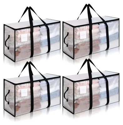 Produktbild von Aufbewahrungstasche mit Deckel 4 Stück 94L Große, Transparente Umzugskartons Groß mit Reißverschlüssen Griff Kleideraufbewahrung Umzugstaschen für Umzug Camping Bettwäsche Kleidung Aufbewahrung