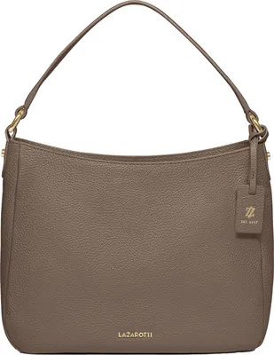 A studio shot of a taupe leather hobo bag.