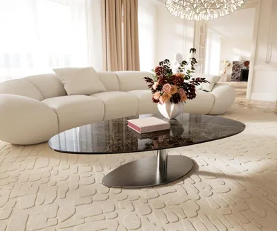 Produktbild von DELIFE Couchtisch Edge Oval 140x75 cm Keramik Emperador Extra Lucidato Dunkelbraun Vibany Edelstahl gebürstet
