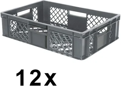 Produktbild von 12x Eurobehälter durchbrochen/Stapelkorb, PE-HD grau, Industriequalität, lebensmittelecht, LxBxH 600 x 400 x 150 mm