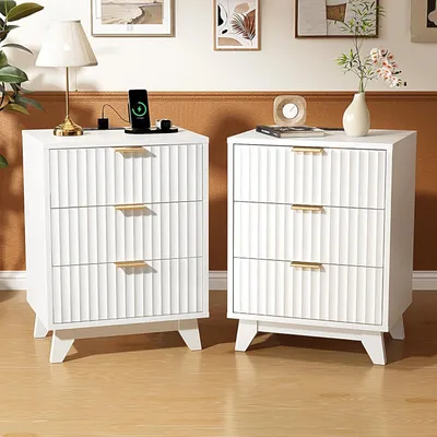 Produktbild von FCH Nachttisch 2er Set mit Ladestation, 3 Schubladen, Gekerbter, Beistelltisch für Schlafzimmer, 45 x 35 x 60 cm, Weiß