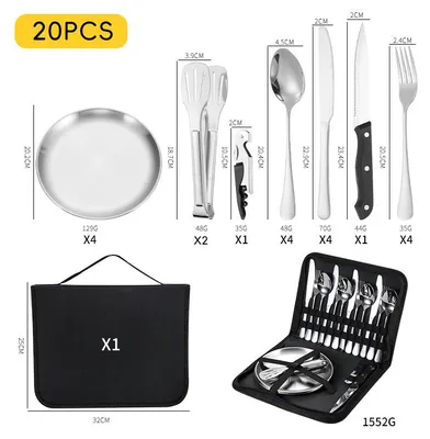 Immagine prodotto di Set di posate in acciaio inossidabile da 21 pezzi, con custodia, ideale per campeggio, viaggi, attività all'aperto e picnic. Acciaio inossidabile, colore argento