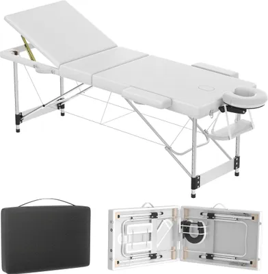 Image de LARS360 Table de massage mobile à 3 zones - réglable en hauteur (8 niveaux), châssis en aluminium, pliable & portable, blanc - sac, appui-tête & accoudoirs inclus