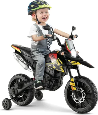 Produktbild von GOPLUS 12V Aprilia Elektro Motorrad, Kindermotorrad mit 2 Stützrädern, Scheinwerfer, Musik, Kinderfahrzeug mit Doppelmotoren & Stoßdämpfer, für Kinder von 3-8 Jahren (Gelb)