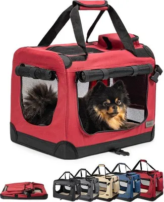 Imagen del producto de Caja de transporte plegable para perros y gatos de la marca Unyqoos®, con cojín, estructura de acero resistente, dimensiones 50x34x36 cm, color burdeos, capacidad máxima de 10 kg