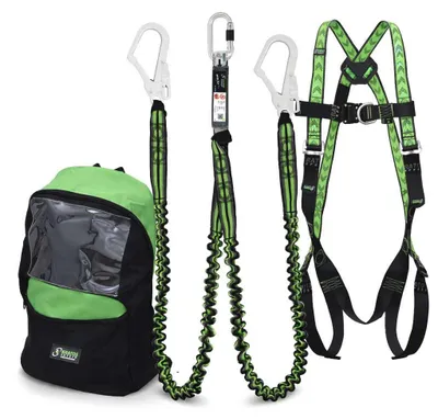 Produktbild von Kratos Safety Gerüstbauer Sicherheitsset, Fallschutz-Set mit Kratos Zweipunktauffanggurt EN361, Y-Bandfalldämpfer EN355, Rucksack, PSA