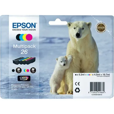 Produktbild von Epson Polar bear Multipack 4-colours 26 Claria Premium Ink, Schwarz, Cyan, Magenta, Gelb, 6,2 ml, 4,5 ml, 1 Stück(e), Multipack