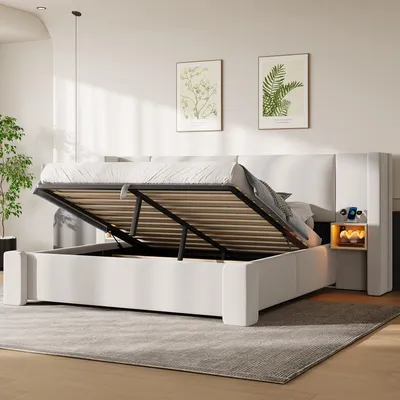 Image de Lit rembourré 180x200 cm avec espace de rangement, éclairage LED 7 couleurs, coffre de rangement hydraulique et tête de lit rembourrée, lin, beige