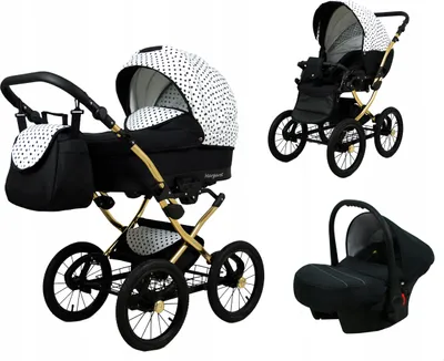A collage of a baby stroller system, showing the main stroller, a smaller stroller, and a car seat.