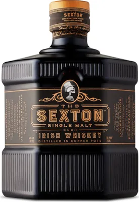 A bottle of Sexton Single Malt Irish Whiskey against a white background.