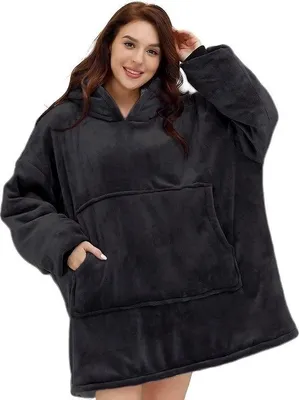 Produktbild von Unyqoos® Hoodie-Decke mit Ärmeln – Schwarz, Extra groß, Fleece außen & Sherpa-Innenfutter, 1400 g, One Size, Unisex für Kinder & Erwachsene