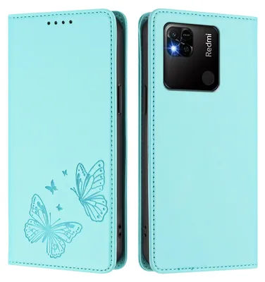 Immagine prodotto di Custodia in pelle per Xiaomi Redmi 10A/Redmi 9C, con motivo a farfalla, custodia a portafoglio con supporto, verde menta