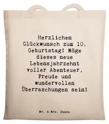 Produktbild von Mr. & Mrs. Panda Shopping Tasche Spruch 10. Geburtstag - Transparent - Geschenk, Jutebeutel, Tote Bag, Glückwünsche, Geburtstagsgeschenk, Tragetasche, Geburtstagsideen