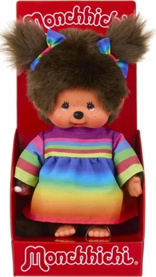 Obrázek produktu pro Dívka v duhovém šatech | 20 cm panenka Monchhichi | dvě copánky