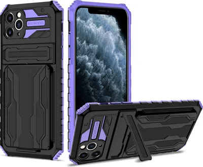 Produktbild von iPhone 11 Pro Max Hülle, Hybrid Robust Schutz Stoßfest Schutzhülle mit Kartenhalter Ständer für iPhone 11 Pro Max Lila
