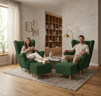Produktbild von Ohrensessel-Set IDYLLA – aus Breitripp-Cord, Cord in Grün, Family Meble, KI-generiertes Bild