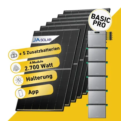 Produktbild von Balkonstrom Balkonkraftwerk 2700W Solaranlage mit Speicher | 5xZusatzspeicher | 2xSolarmodul Bifazial | Zendure SolarFlow 2400 Pro