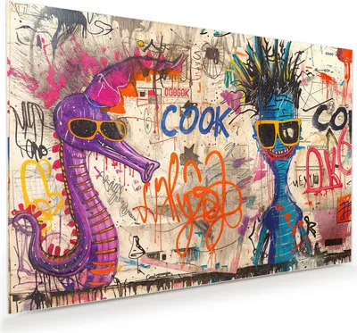Produktbild von Glasbild 45x30cm in XXL für Wohnzimmer, Schlafzimmer Motiv Graffiti Tiere