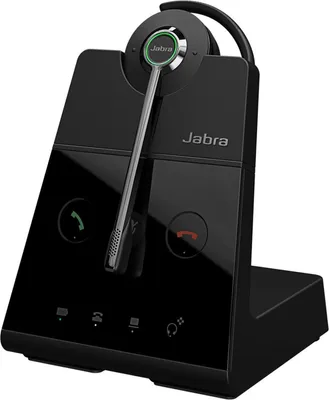 A black Jabra Engage 65 Convertible headset and its charging base are shown against a white background.
