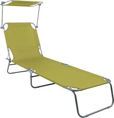 A lime green camping lounger with a sunshade, isolated on a white background.