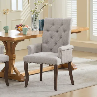 Produktbild von Chenille Esszimmerstuhl mit Armlehnen und geschwungenen Holzbeinen 69 x 57 x 100.5 cm Beige