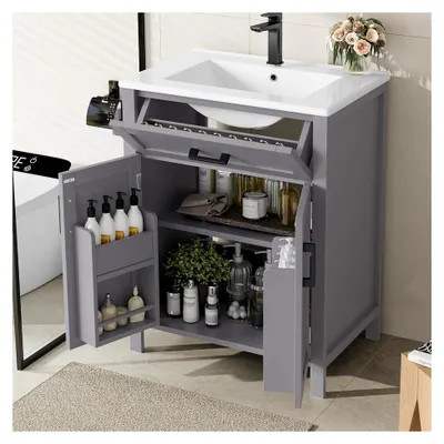 Produktbild von Bodenstehender Badezimmerschrank mit Waschbecken, 60 x 46 x 84,8 cm, Volllackierung, Doppeltürregale, Praktische Schubladen, Verstellbare Regale, Integriertes Keramikwaschbecken, Grau
