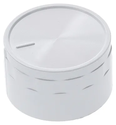 A white and silver rotary knob with a brushed metal top surface.